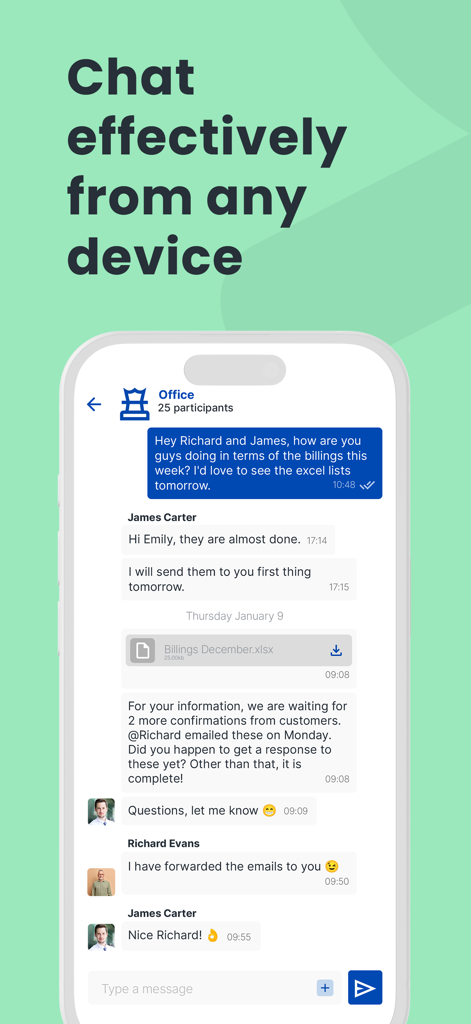 Bundeling - Una captura de pantalla de la aplicación Bundeling que muestra un chat grupal profesional titulado Oficina donde los miembros del equipo discuten facturas comerciales y comparten un archivo de Excel.