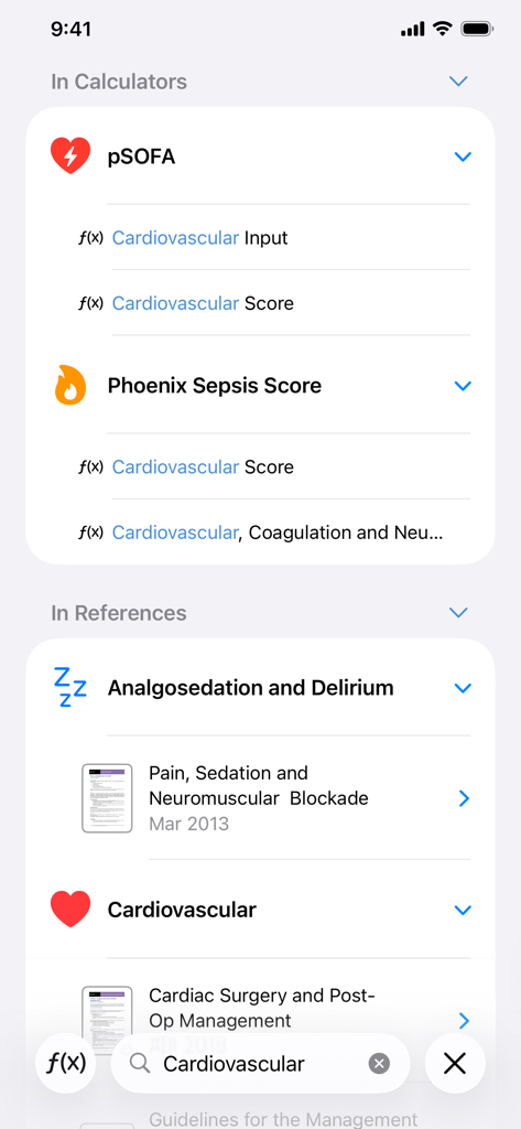 CICU Genie - Resultados da pesquisa de protocolos e calculadoras cardiovasculares no aplicativo CICU Genie