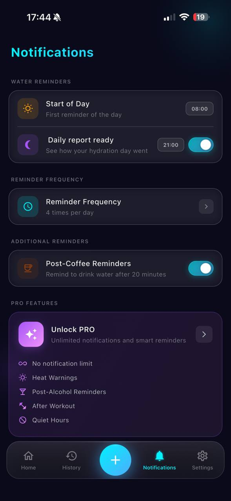 Notification settings screen in the Hydro Balance app with options for daily water reminders and post-coffee alerts