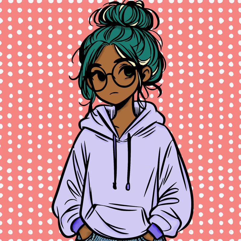 teen girl with a messy bun and glasses wearing a loose hoodie and jeans