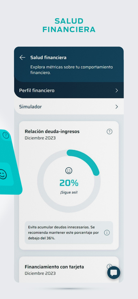 ProUsuario app screen displaying a twenty percent debt-to-income ratio chart and financial health metrics.