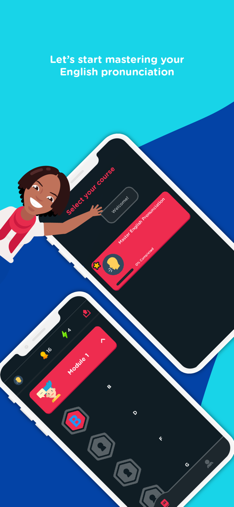 English with Tiffani - Dos pantallas de teléfono inteligente que muestran la interfaz de la aplicación English with Tiffani con un módulo de curso de pronunciación y elementos de juego de aprendizaje interactivo.