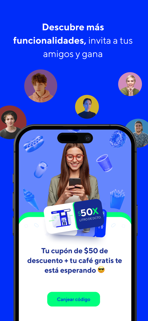 Screen of the Copec app showing referral bonuses like fuel discounts and free coffee