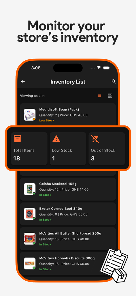 HotKiosk - Inventory & Sales - Interface do aplicativo móvel HotKiosk mostrando lista de inventário em tempo real com alertas de stock baixo e quantidades de itens para proprietários de pequenas empresas.