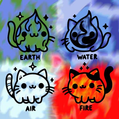 4 cats that represent the different elements, earth, water, air, and fire