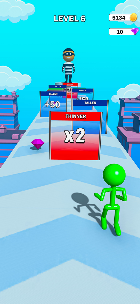 Big Man: Run & Rise - Un personaje stickman verde corriendo hacia puertas matemáticas para aumentar la altura en el juego móvil Big Man Run and Rise.