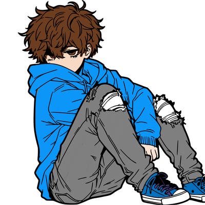 a male hoddie ripped jeans messy hair anime