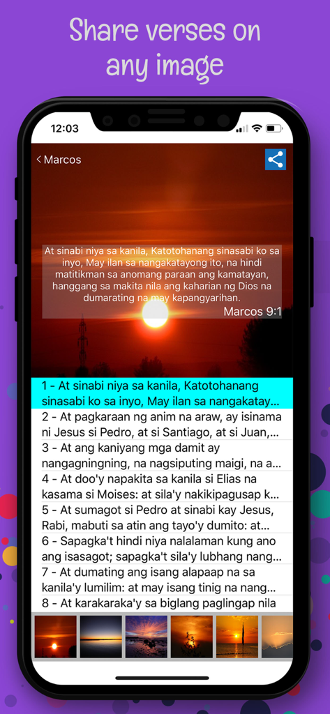 A Tagalog Bible verse overlaid on a sunset background in the Ang Dating Biblia app image sharing feature.