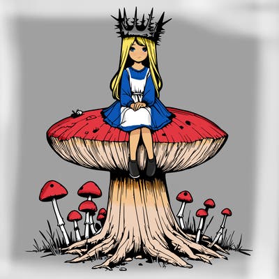 realistic girl sitting on a huge tree stump size toadstool with thorn crown