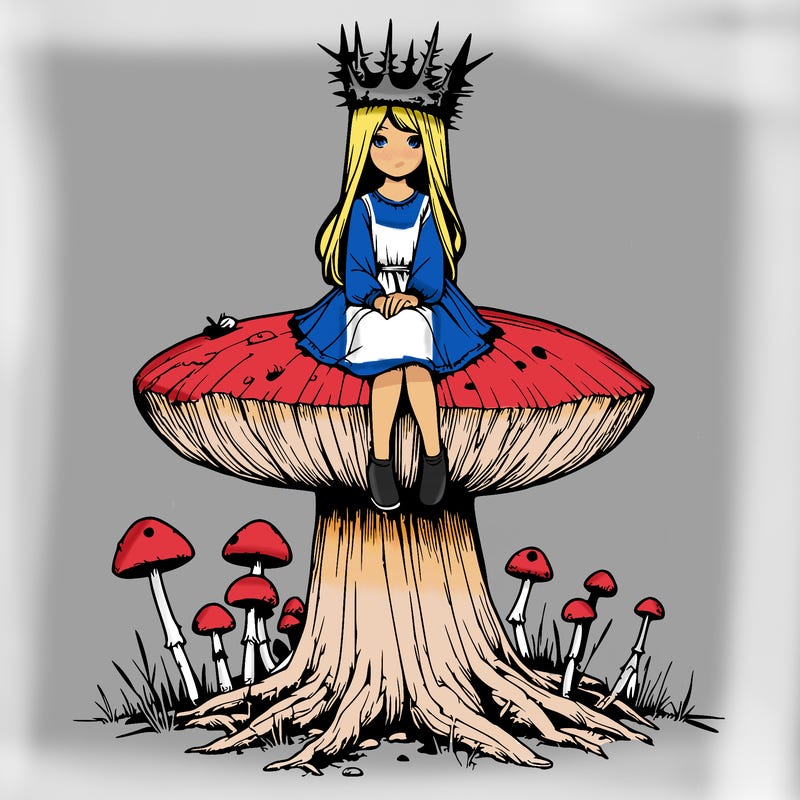 realistic girl sitting on a huge tree stump size toadstool with thorn crown