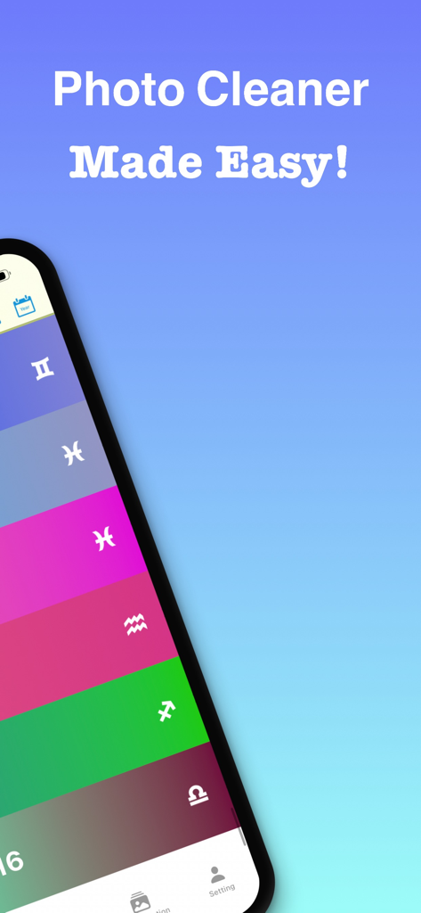Photoswipe : Photo Cleaner - An iPhone screen displaying the Photoswipe app interface with a colorful list and the slogan Photo Cleaner Made Easy