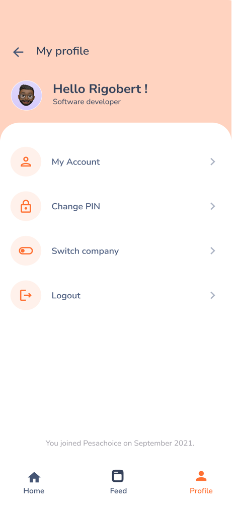 Huza HR - User profile interface of the Huza HR app showing account and security settings