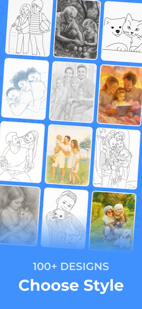 Sketchfy: Coloring Book Maker - 가족 및 반려동물 사진을 위한 다양한 AI 생성 스케치 및 색칠 스타일 그리드.