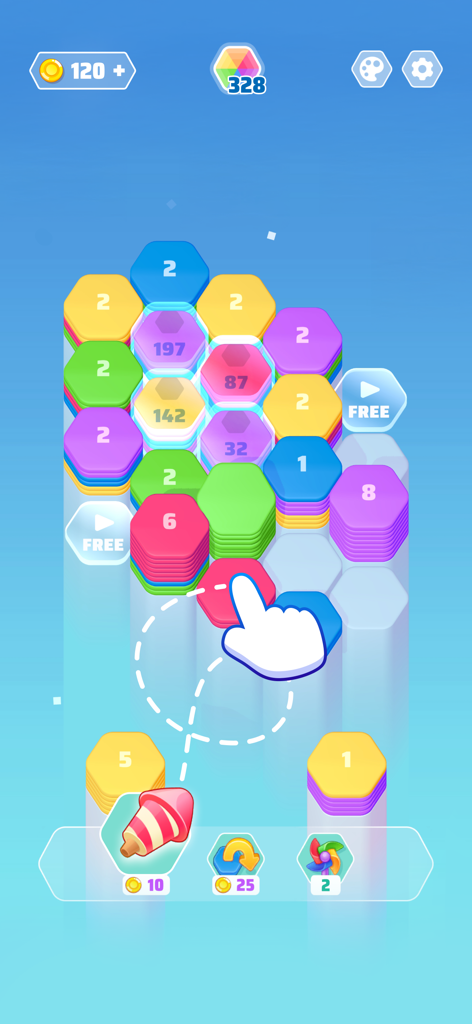 Mobile game screenshot showing colorful stacked hexagonal tiles being sorted by a hand icon