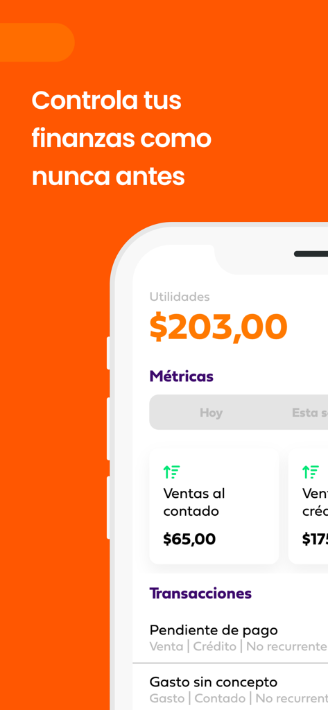 A smartphone display showing the Cabal business app dashboard with profit summaries and sales metrics in Spanish.