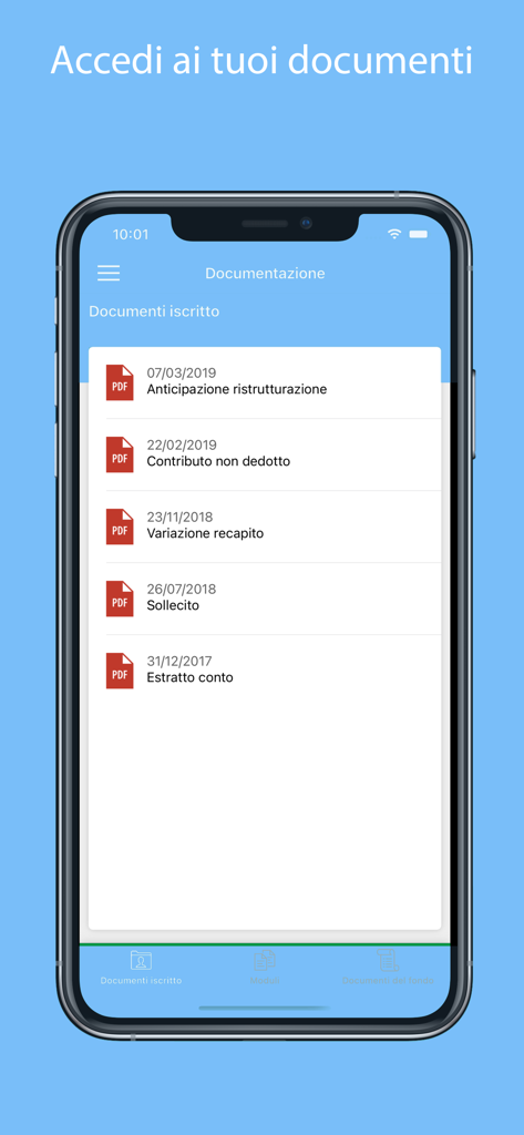Fondoposte - Fondoposte 앱 스크린샷으로 연금 펀드 서류 목록과 PDF 명세서가 표시됩니다.