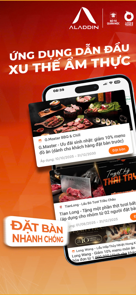 Aladdin Rewards - Aladdin Rewards mobile app interface showing restaurant food promotions and a quick table booking feature