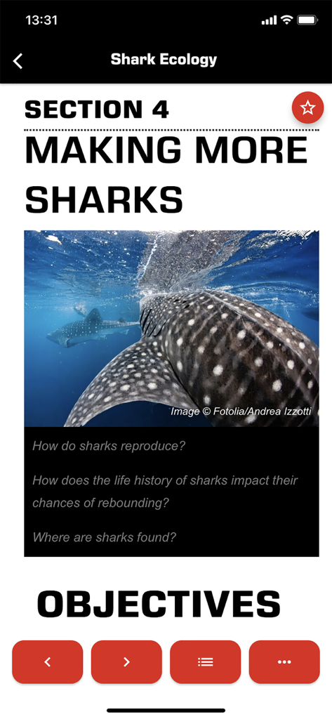 MySSI app digital learning screen for the Shark Ecology course featuring a whale shark and course objectives