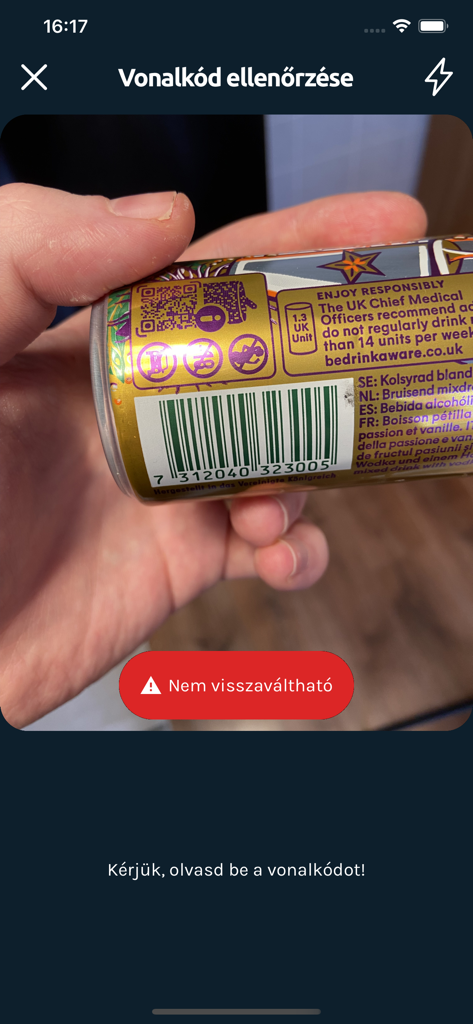 REpont - Interfaccia dello scanner di codici a barre dell'app REpont che mostra un messaggio di errore rosso per una lattina di bevanda non restituibile.