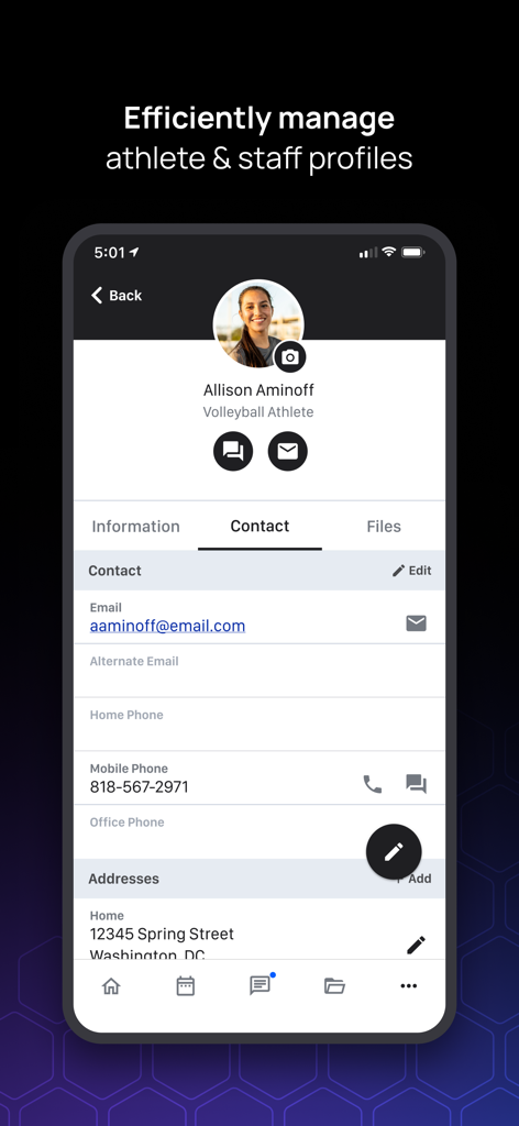 Teamworks app interface showing an athlete profile with contact information and management options