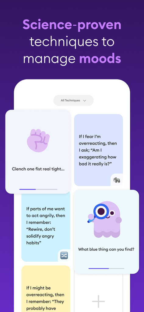 Ein Bildschirm aus der Ahead-App, der wissenschaftlich erprobte Techniken zur Stimmungsbewältigung mit interaktiven Karten zeigt.