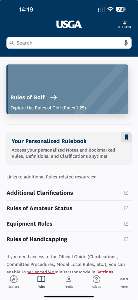 The Official Rules of Golf - The home screen of the USGA Official Rules of Golf app showing rules search and menu options