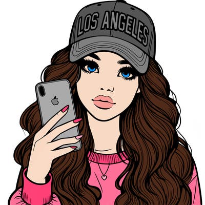 realistic beautiful girl wearing los ángeles cap holding an iphone