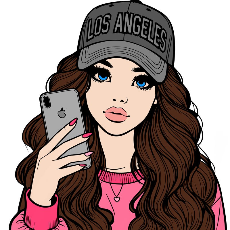 realistic beautiful girl wearing los ángeles cap holding an iphone
