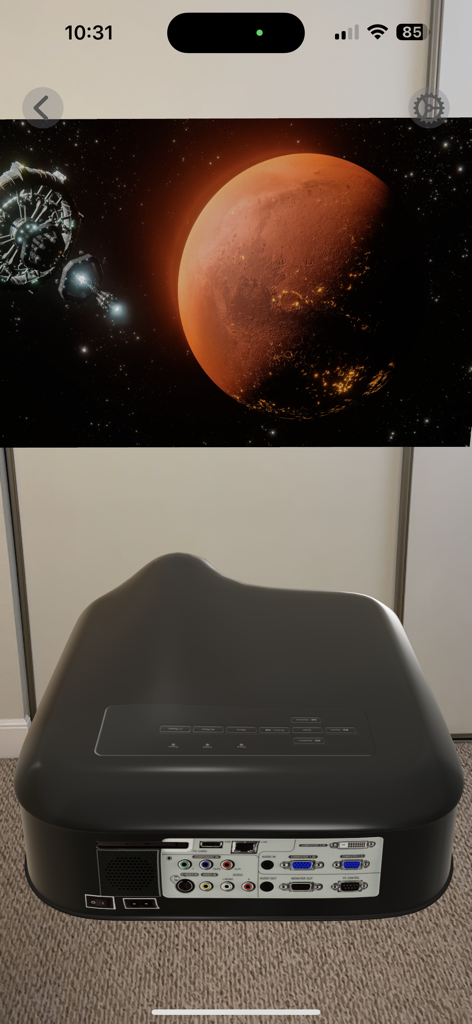 Augmented-Reality-Simulation eines Heimprojektors, der eine Weltraumszene an einer Wand anzeigt