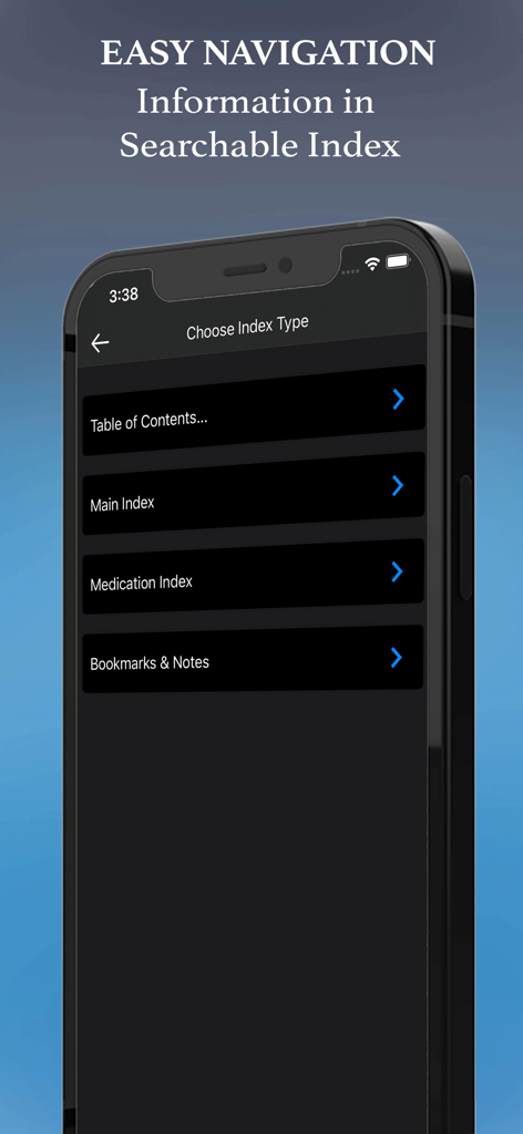 Washington Manual - Surgery - Interfaz de la aplicación Washington Manual Surgery que muestra opciones de índice de búsqueda, incluyendo tabla de contenidos e índice de medicamentos.