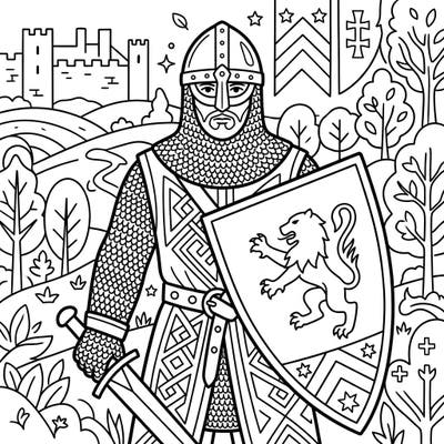 Embark on a journey to the Middle Ages with this intricate Early Medieval Knight coloring page, showcasing a brave warrior ready for adventure. This detailed illustration invites you to bring the past to life with your favorite colors and creative flair.