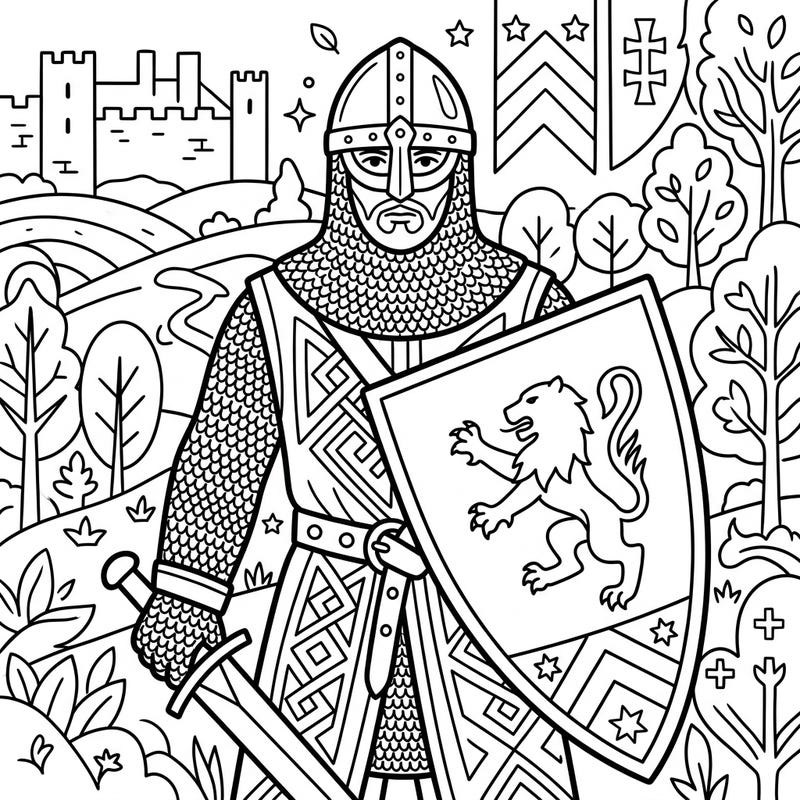 Embark on a journey to the Middle Ages with this intricate Early Medieval Knight coloring page, showcasing a brave warrior ready for adventure. This detailed illustration invites you to bring the past to life with your favorite colors and creative flair.