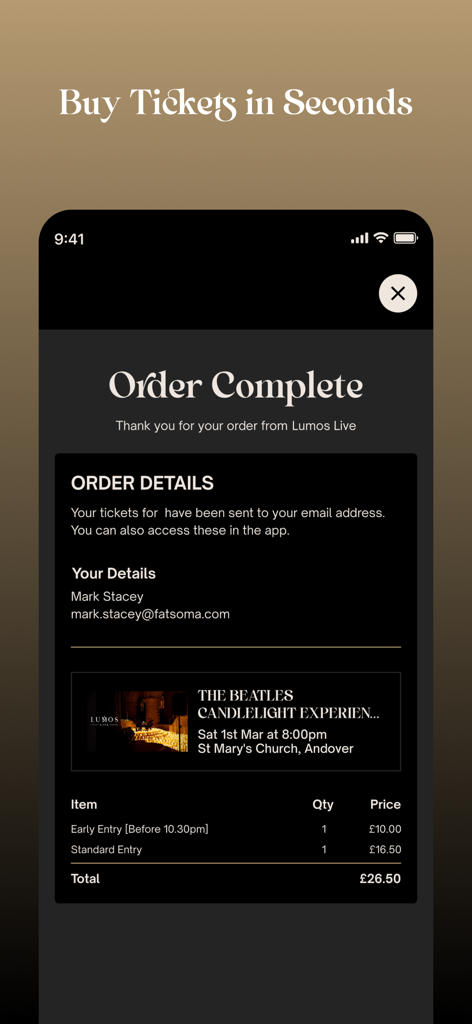 Lumos - Lumos app order complete screen showing ticket details for a Beatles candlelight concert