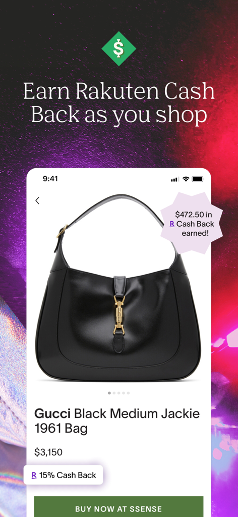 Mobile app screen showing a Gucci handbag with a 15 percent Rakuten cash back offer