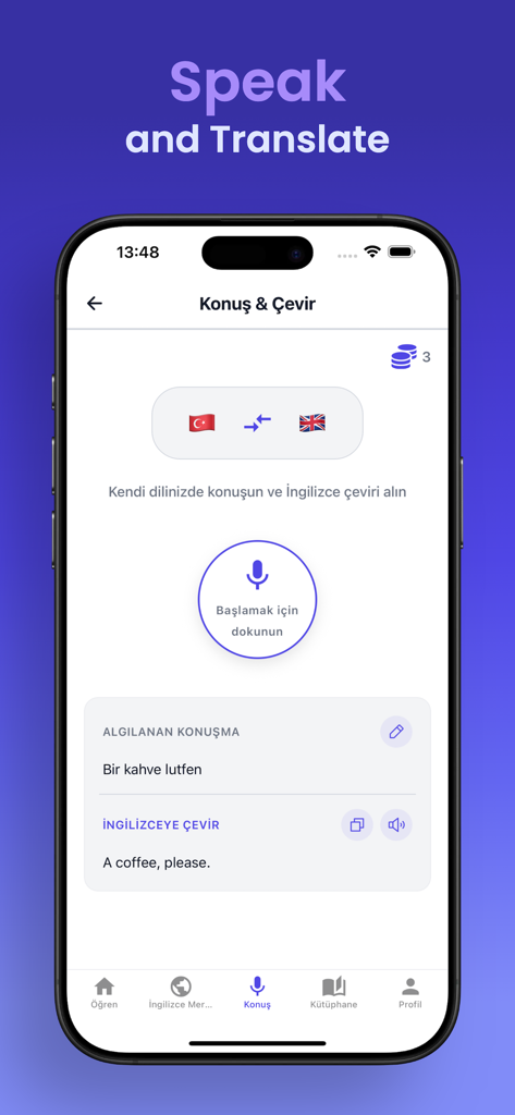 Learn English by FluenTech - Interfaz de la función Hablar y Traducir en la aplicación Learn English by FluenTech