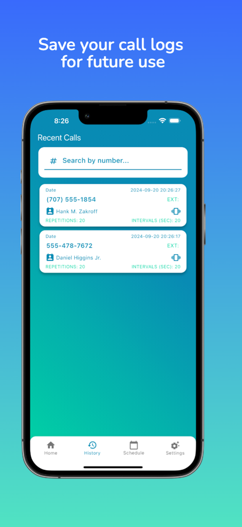 Auto Redial App - A mobile interface showing the History tab of the Auto Redial App with a list of recent calls including contact names and redial settings.