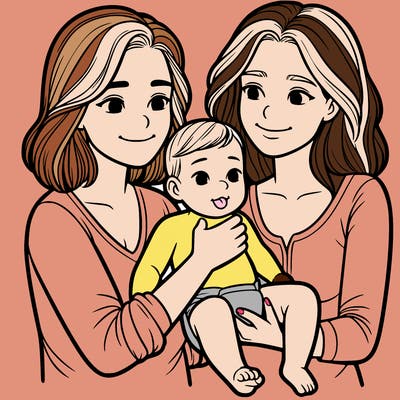 two realistic women holding one baby together