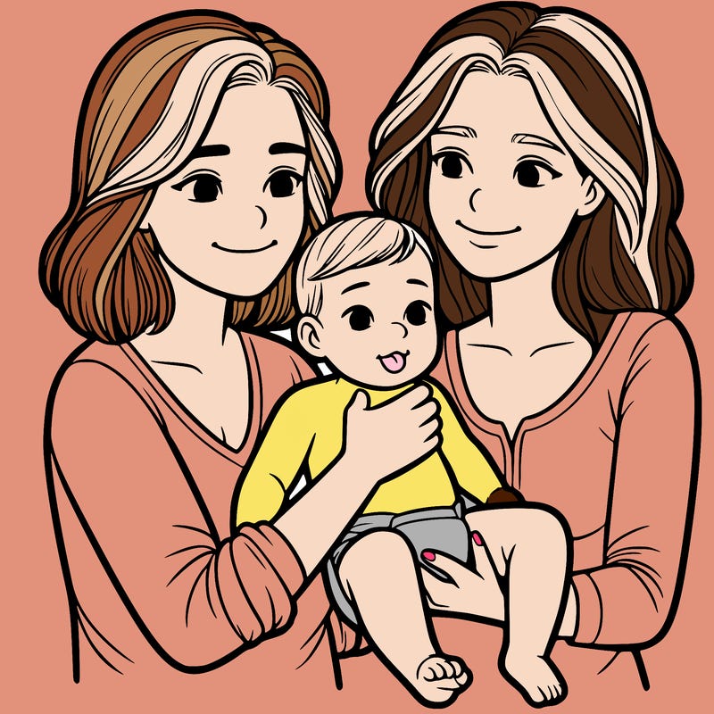 two realistic women holding one baby together