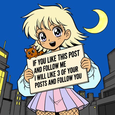 anime cute girl holding up a sign that says , if you like this post and follow me i will like 3 of your posts and follow you.