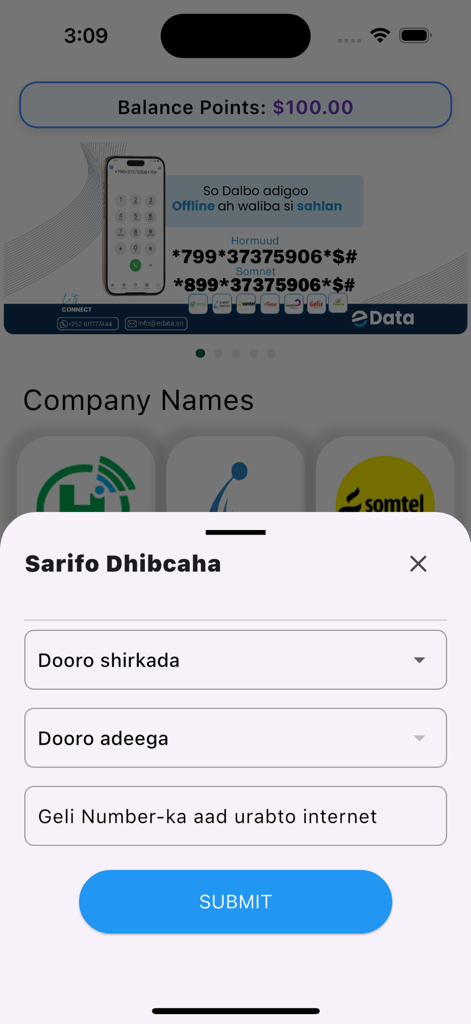 Edata - Edata app screen for selecting a Somali internet provider and entering a mobile number for data top-up