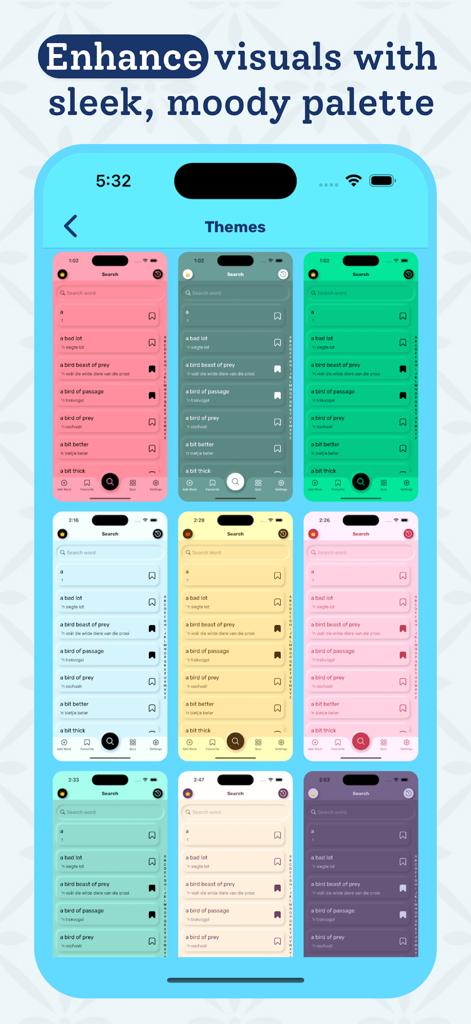 Afrikaans Dictionary - Offline - Uma exibição de diferentes temas de cores e paletas de UI para o aplicativo móvel Dicionário Suaíli