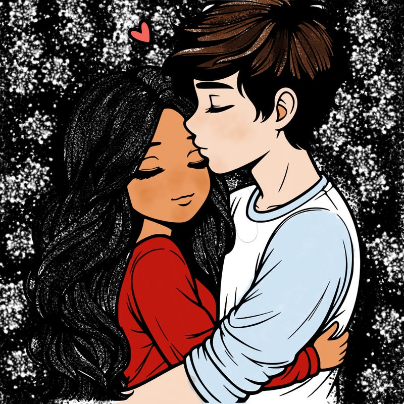 a realistic couple boy and girl hugging and kissing