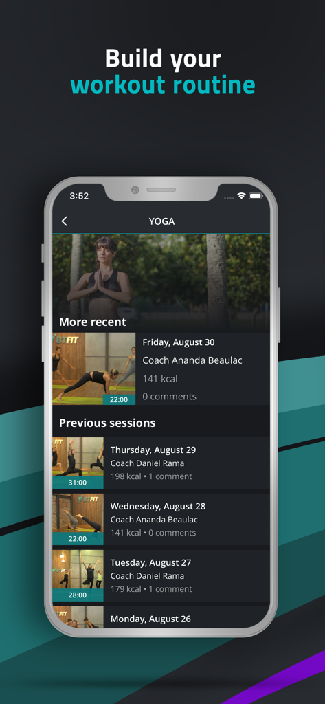 BTFIT: Personal trainer online - BTFIT app interface showing a list of past yoga workout sessions with duration and calorie details under the title build your workout routine