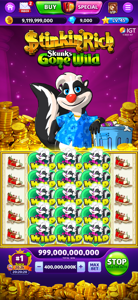 Cash Rally - Slots Casino Game - Stinkin Rich Skunks Gone Wild slot game screen featuring a skunk character and a massive win counter