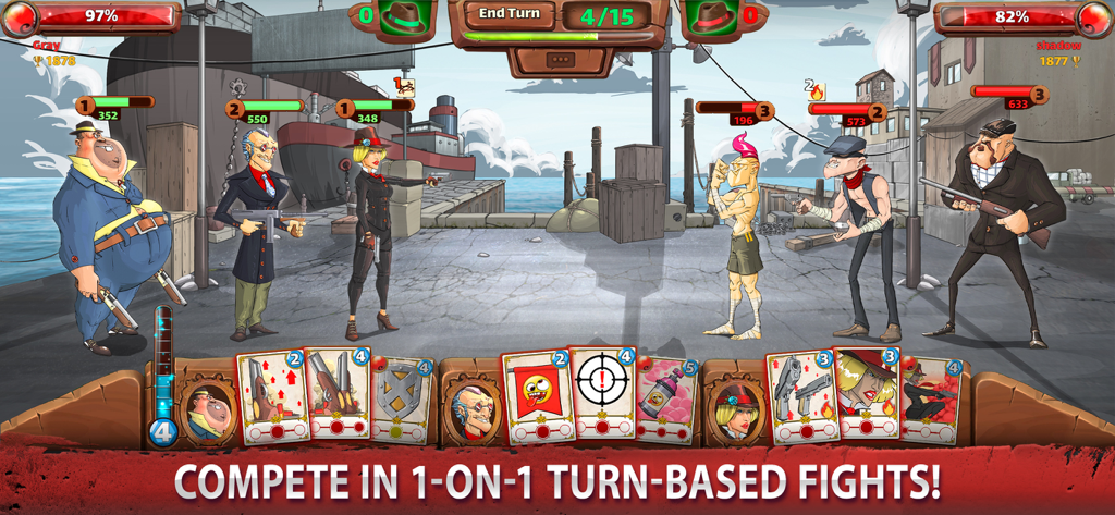 Mafioso: mafia duel TBS RPG - Caricatured mafia mobsters in a turn-based tactical battle on a harbor pier with ability cards displayed at the bottom.