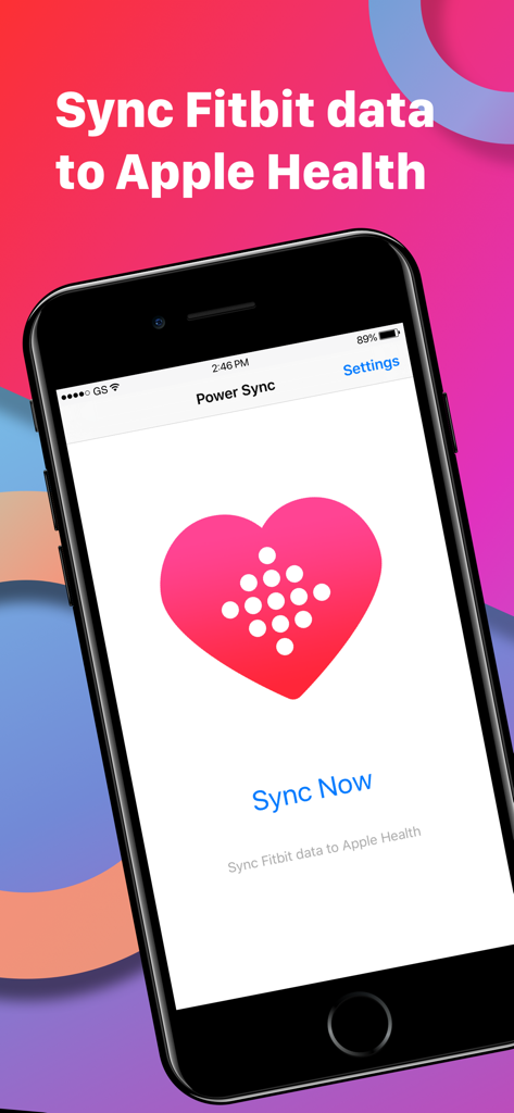 iPhone mostrando la interfaz de la aplicación Power Sync para Fitbit con un botón Sincronizar Ahora