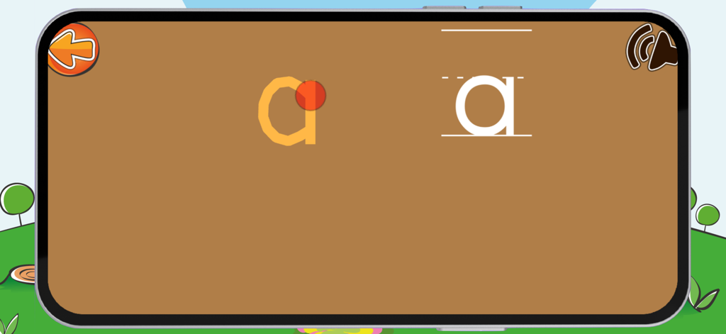 Trace draw letters and numbers - Educational app screen showing a child tracing the lowercase letter a in English