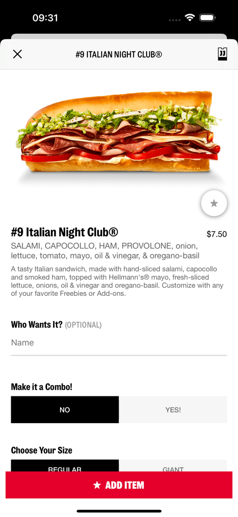 Bestellung eines Italian Night Club-Sandwichs in der Jimmy Johns Mobile App