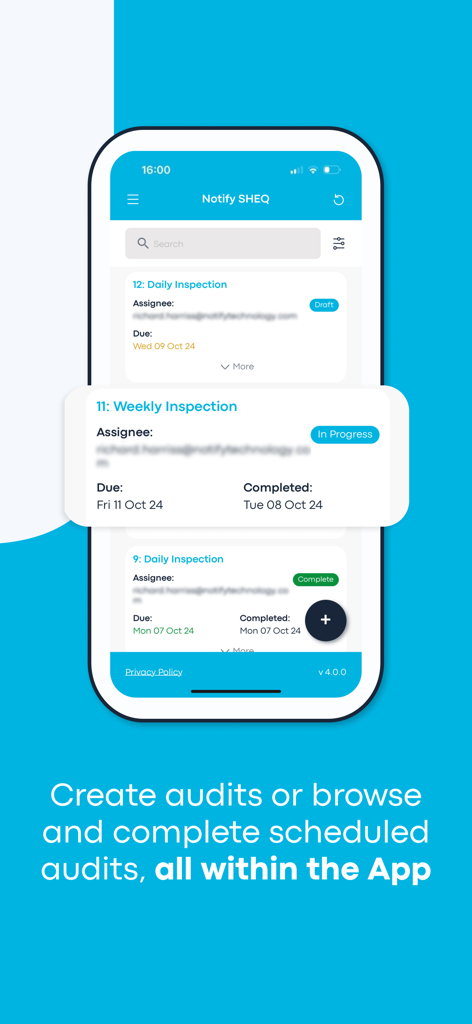 Notify Audits and Inspections - Interface of the Notify Audits and Inspections app showing a list of scheduled daily and weekly audits with their completion status