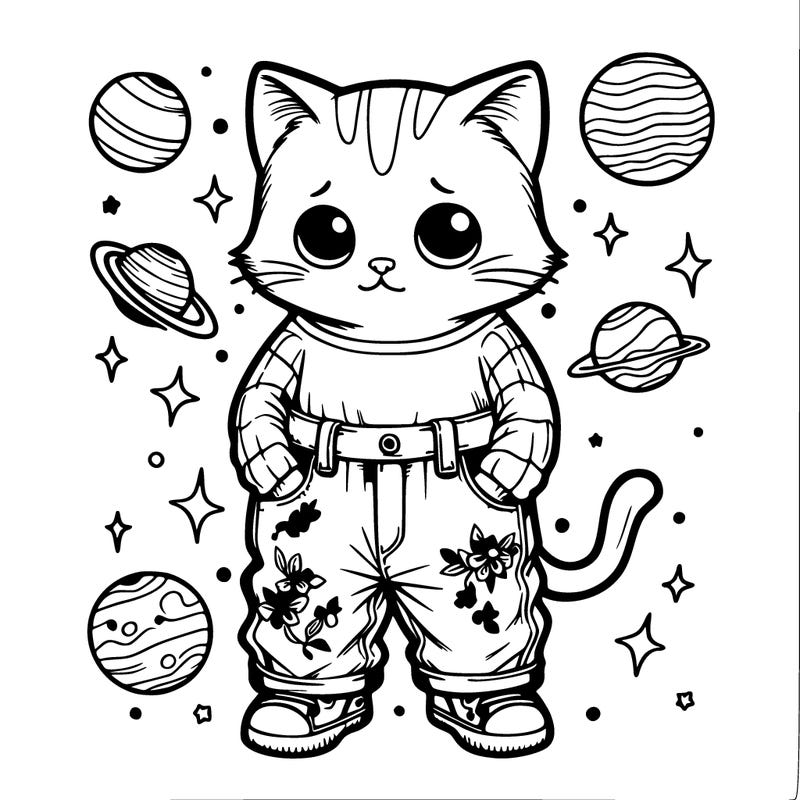 a cat in space wearing baggy jeans